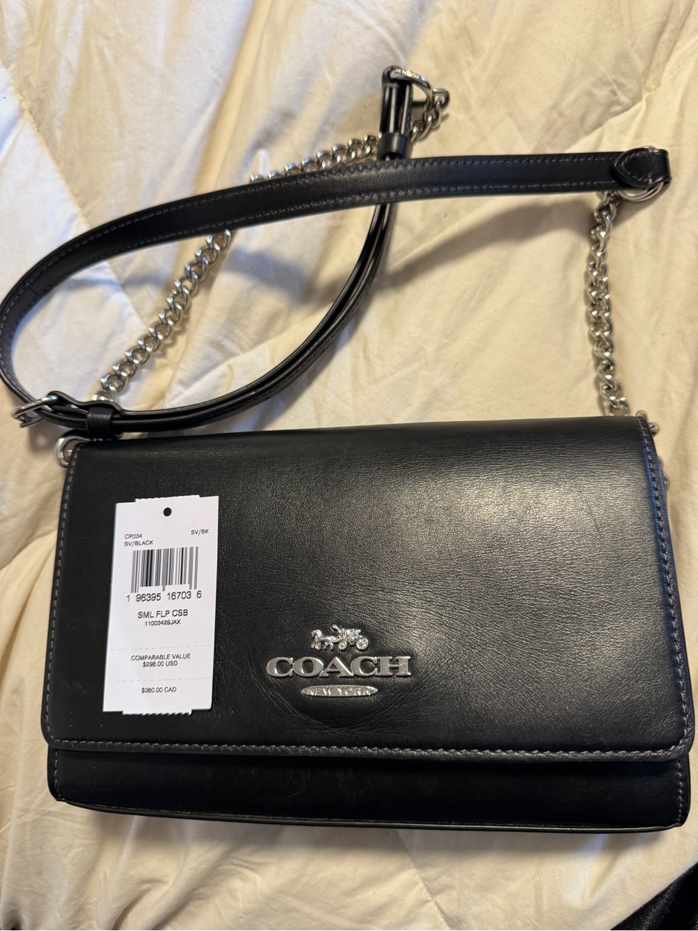 Coach Black Leather Flap Crossbody with Silver Chain
